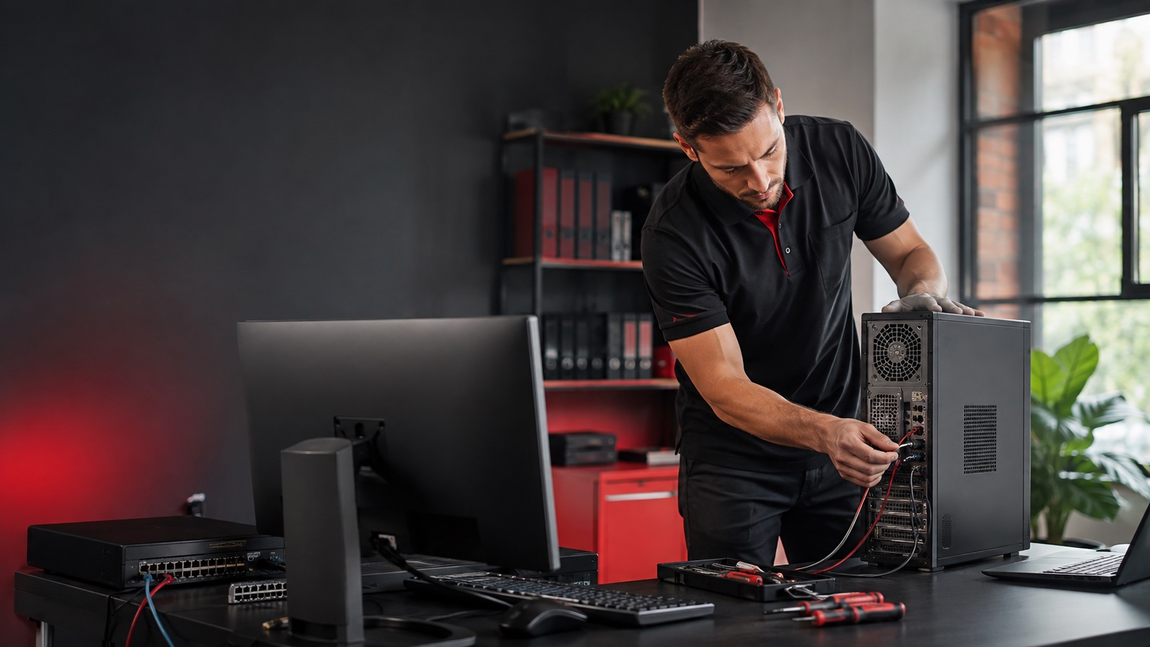 Technicien qui répare un ordinateur de bureau